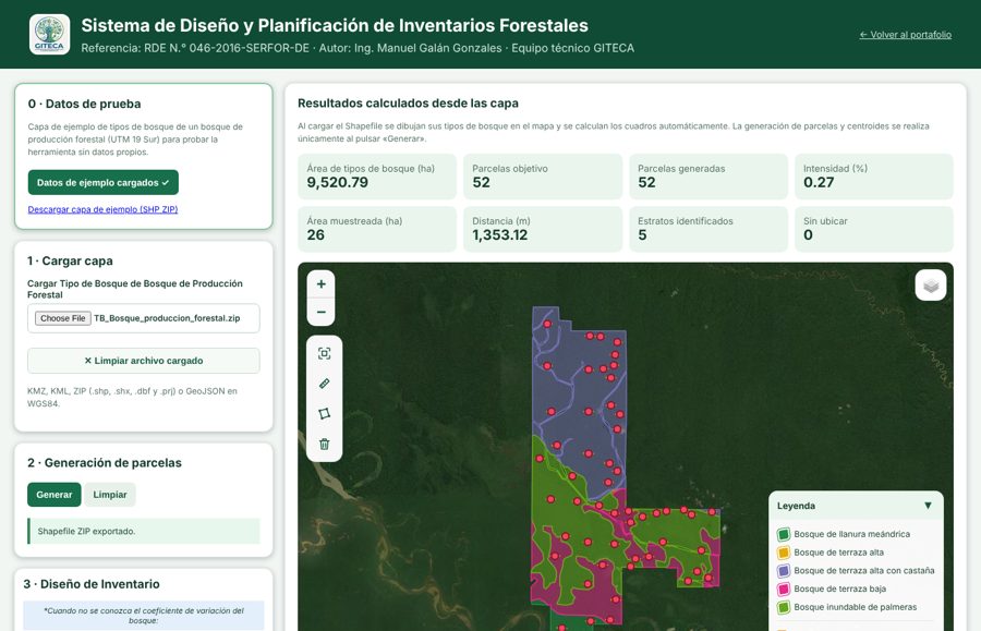 Captura del diseñador SIG de inventario forestal con parcelas de muestreo sobre tipos de bosque
