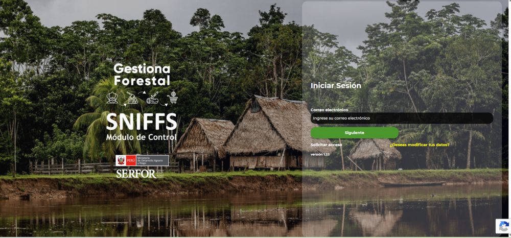 Pantalla de inicio de sesión del aplicativo Gestiona Forestal del Módulo de Control del SNIFFS