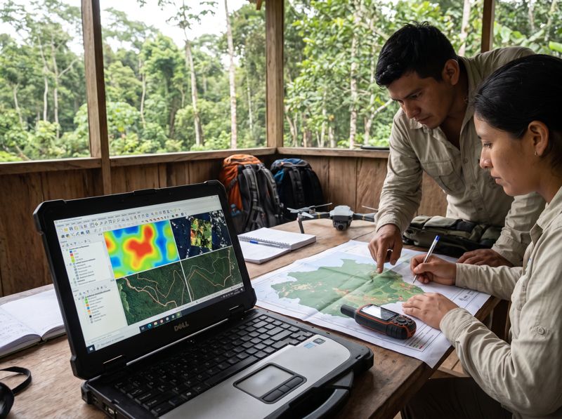 Especialistas revisando un mapa de campo y un análisis en QGIS