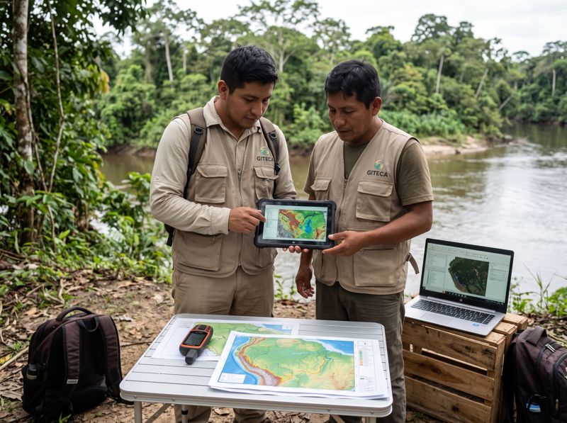 Equipo de GITECA revisando un mapa en tableta junto al río