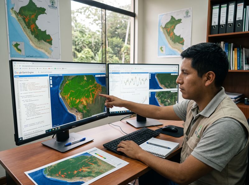 Especialista revisando mapas y series de tiempo en dos monitores