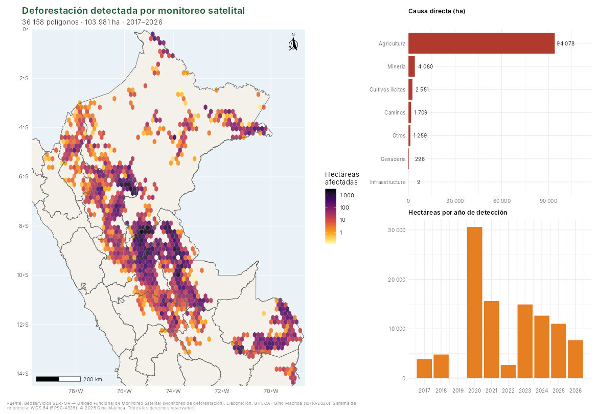 Mapa de deforestación en hexágonos con gráficos de causas y hectáreas por año