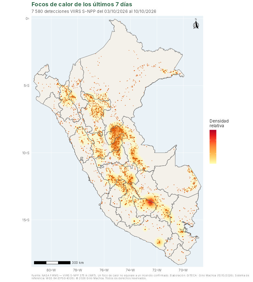 Mapa de focos de calor VIIRS de los últimos siete días en el Perú